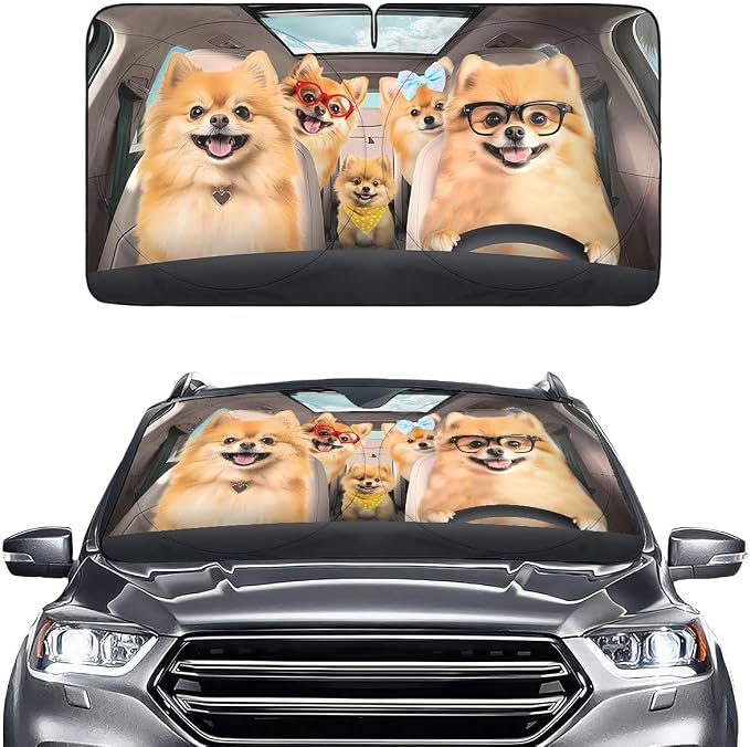GENANY Pomeranian Windshield Sun Shade for Car SUV Truck (64x32 Inches), Automobile Sunshade, Protector Blocks UV, Car Decor