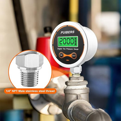 Digital Oil Pressure Gauge 1/4 NPT 200 PSI，Media Oil, Air or Water Pressure Gauge 304 Stainless ±0.25% Accuracy,Suitable for Home Water Pipe, HVAC,Air Pressure Measuring