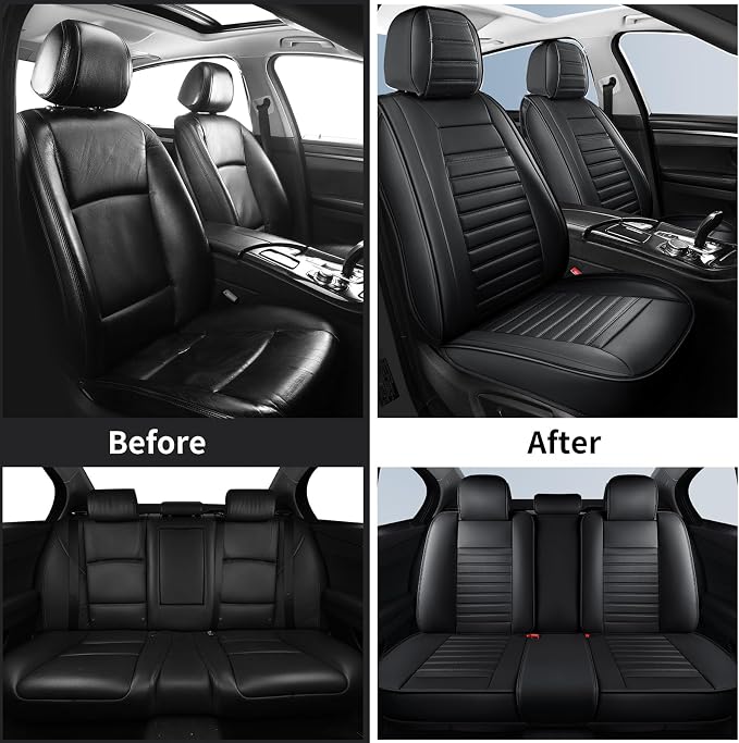 HChengkikz Car Seat Covers Full Set, Waterproof Faux Leather Automotive Seat Covers for Cars, Breathable Universal Car Seat Covers Protectors for Sedan SUV Truck (5 PCS Full Set, Black)