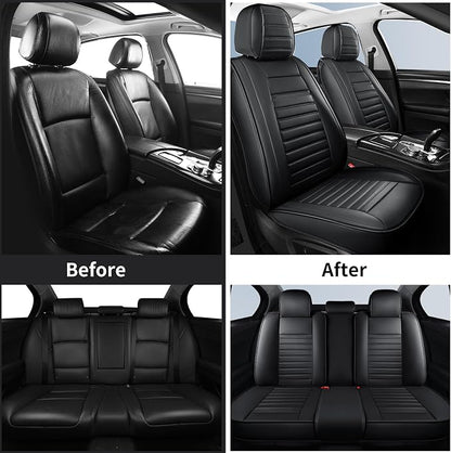 HChengkikz Car Seat Covers Full Set, Waterproof Faux Leather Automotive Seat Covers for Cars, Breathable Universal Car Seat Covers Protectors for Sedan SUV Truck (5 PCS Full Set, Black)