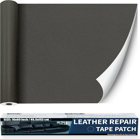 Zenyao Leather Repair Patch Tape - Self Adhesive Leather Repair Kit for Car Seat Furniture, Heavy Duty Vinyl Repair Patch for Couch Sofa, Waterproof Fix for Tears, 16x60 Inch Roll, Dark Grey
