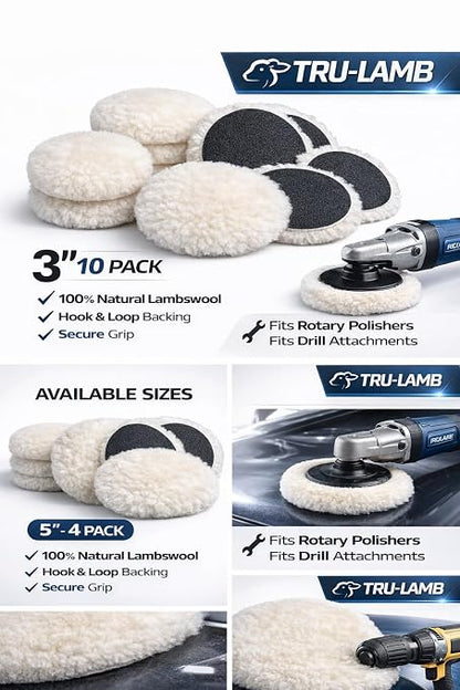 Lambswool Polishing Pads Sheepskin Buffing Pads, Lambs Wool Cutting Pads with Hook and Loop Backing - Wool Buffs (10 Pack, 3 Inch)