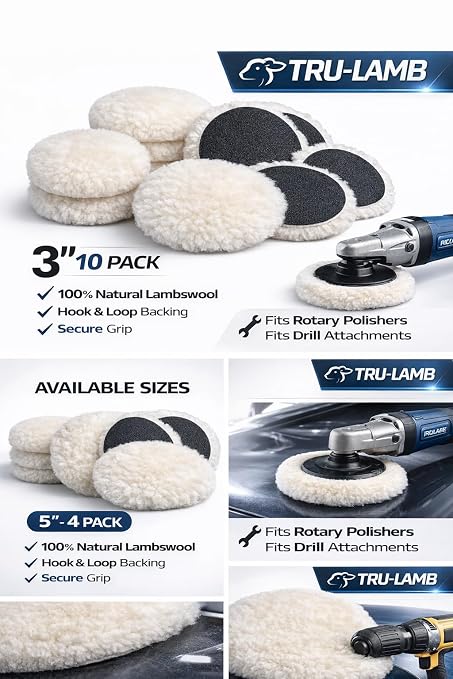 Lambswool Polishing Pads Sheepskin Buffing Pads, Lambs Wool Cutting Pads with Hook and Loop Backing - Wool Buffs (4 Pack, 5 Inch)