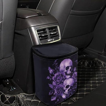 Purple Skull Roses Pattern Car Trash Can with Lid and Zipper Portable Foldable Trash Bin for Car Interior Accessories Multipurpose Garbage Can Bags Storage Organizer Halloween Decor