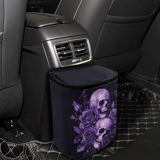 Purple Skull Roses Pattern Car Trash Can with Lid and Zipper Portable Foldable Trash Bin for Car Interior Accessories Multipurpose Garbage Can Bags Storage Organizer Halloween Decor