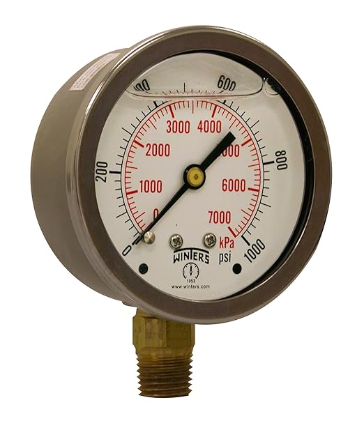 Winters 2-1/2" Dial Size, Liquid Filled Industrial Pressure Gauge, Brass Internals, Stainless Steel Case, Dual Scale 0-1,000 psi/kPa, 1.5% Acc, 1/4" NPT Bottom Mount, Glycerin Filled Pressure Gauge
