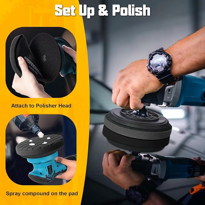 3Pcs Polishing Pad, 6 Inch Buffing Pads, Reusable & Washable Buffing Sponge Pads for Car Buffer Polisher Compounding, Waxing Pads (Black T50)