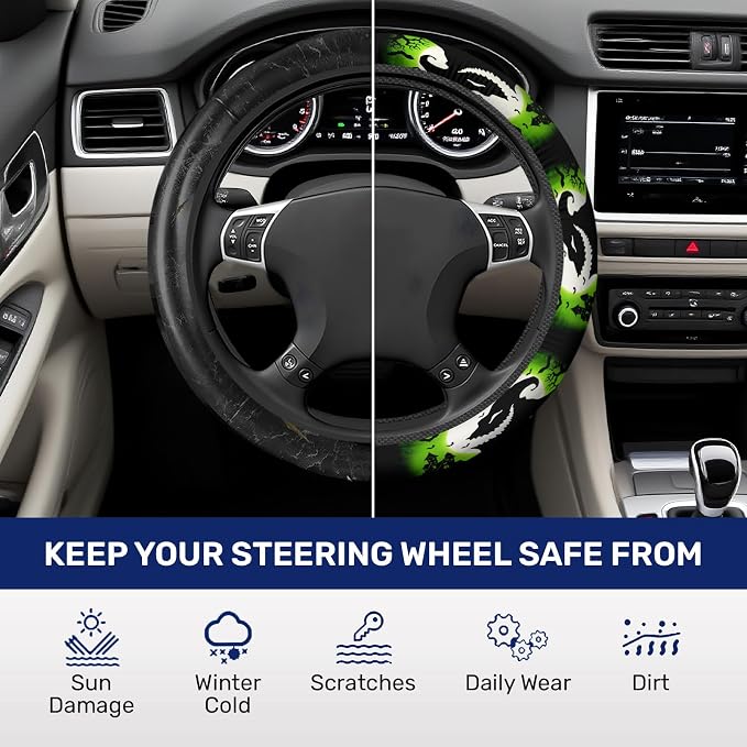 GENANY Green Horror Sack Steering Wheel Cover, Non Slip Polyester Car Wheel Protector for Car SUV Truck, Universal 15 Inch