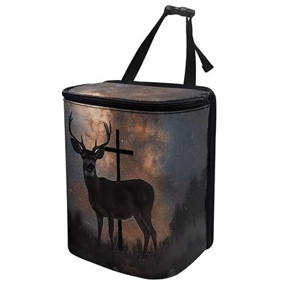 Talayituse Galaxy Deer Cross Print Car Trash Bin, Large Size Auto Trash Can Adjustable Portable Garbage Can with Lid, Vehicle Hanging Bag for Headrest Front Back Seat