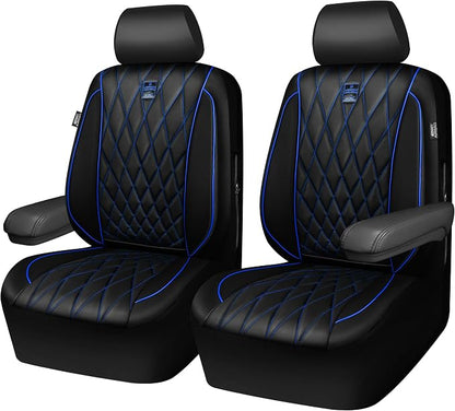 CAR PASS Piping Luxury PU Leather Two Front Car Seat Covers,Waterproof Anti- Slip Seat Covers Compatible with Front Seat Armrests,Universal Fit for Suvs,Vans,Trucks,Airbag Compatible(Black and Blue)