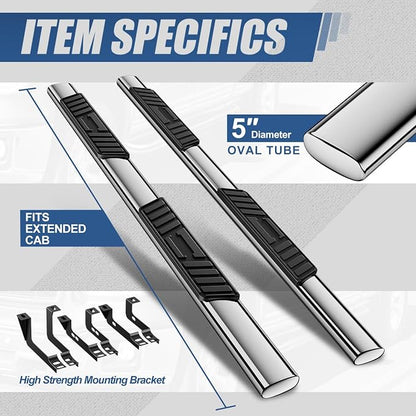 Auto Dynasty 5" Running Boards Compatible with 1999-2014 Chevy Silverado GMC Sierra 1500 2500 3500 Extended Cab, Stainless Steel Nerf Bars, Polished Chrome Non-Slip Side Steps