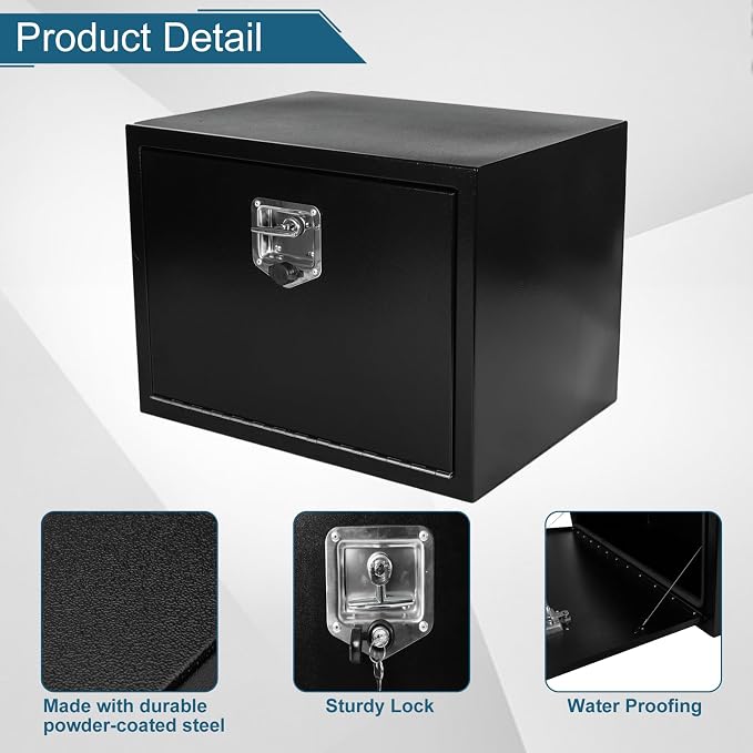24"X18"X18" Underbody Truck Box Black Heavy Duty Steel Trailer TooolBox Pick Up Truck Tool Box Storage Organizer w/Lock & Keys