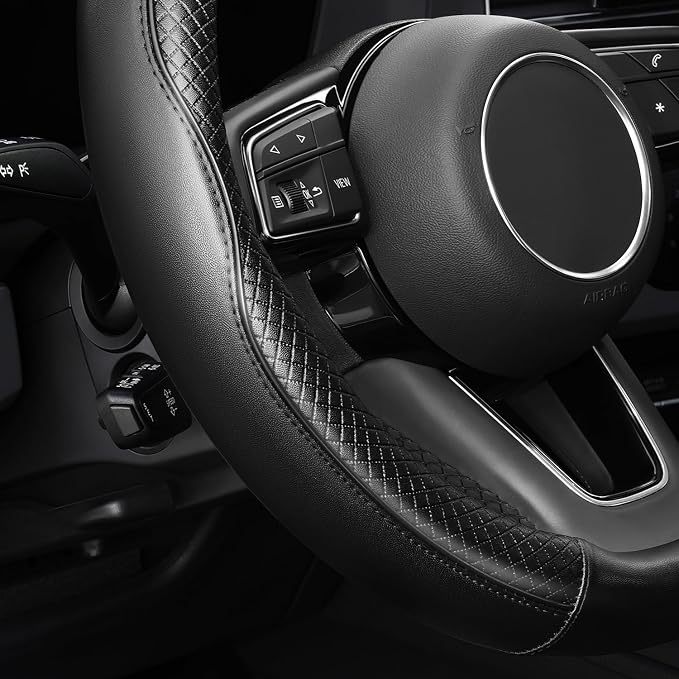 YHONGJT Soft Premium Leather Steering Wheel Cover, Breathable, Non-Slip Grip, Universal 15 Inch for Women Girls, Fit Vehicles, Sedans, SUVs, Vans, Trucks - Black