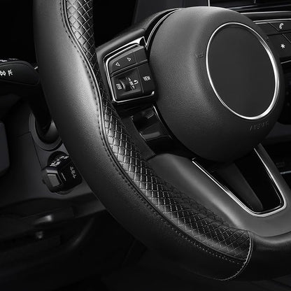 YHONGJT Soft Premium Leather Steering Wheel Cover, Breathable, Non-Slip Grip, Universal 15 Inch for Women Girls, Fit Vehicles, Sedans, SUVs, Vans, Trucks - Black