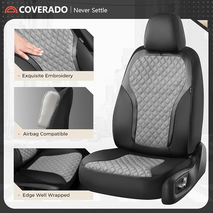 Coverado Car Seat Covers for Front Seats, Luxury Leather Car Seat Cover with Carbon Fiber Weave, Waterproof Automotive Seat Protectors 2-Pack, Driver Seat Covers Universal Fit Most Cars, Black&Gray