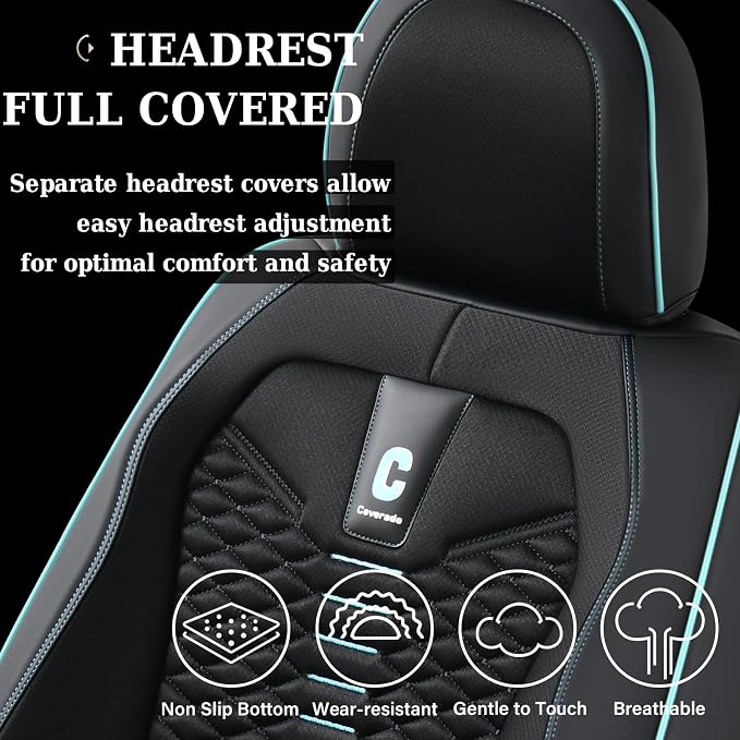 Coverado Car Seat Covers Full Set, 5 Seats Universal Seat Covers for Cars, Breathable Fabric Faux Leather Auto Seat Cushions, Front and Rear Seat Protectors Fit for Most Sedans SUV Truck, Black&Blue