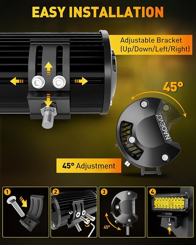 NAOEVO 7 Inch Yellow LED Light Bar, 240W 24,000LM Offroad Fog/Driving Lights LED Pods with 2 Leads Wiring Harness Kit, Spot & Flood Work for Truck Boat UTV ATV, 2-Pack (Yellow)