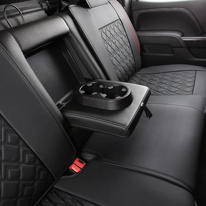 JOJOBAY Chevy Silverado Seat Covers,Leather Seat Covers for GMC Sierra,Custom Fit 2007-2026 1500 2500HD 3500HD Crew Double Extended Regular Cab,LT LZT RST Trail Boss(Full Set,Black Red)