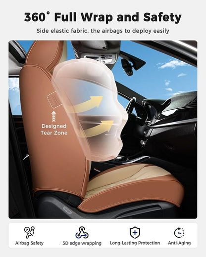 Huidasource Seat Covers Full Set, Universal Fit for Most Cars SUVs Trucks, Full Coverage Leather Seat Cover, Airbag, Cupholder Compatible, Seat Function Retain, Easy Install with Velcro, Brown&Beige