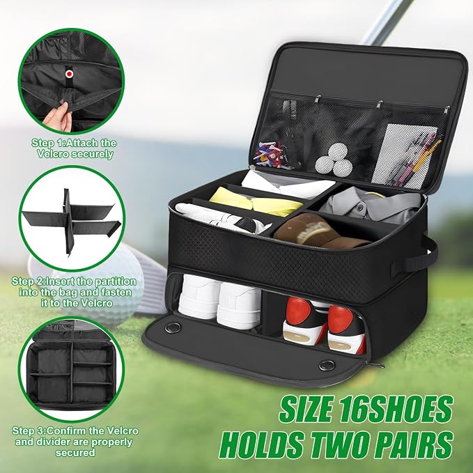Golf Trunk Organizer 2 Layer with Separate Compartment for 2 Pair of Shoes, Golf Bag Storage for Car, Waterproof,Trunk Locker for Balls, Tees,Gloves