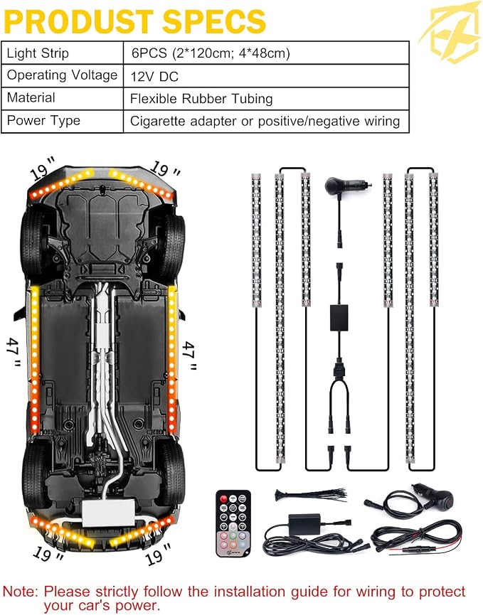 Xprite Car Underglow Light, 6 Pcs Under Glow Kit for Car with Dream Color Dancing Chasing, App & Remote Control 16 Million Colors Sound & Music Waterproof Under Glow Lights for Truck