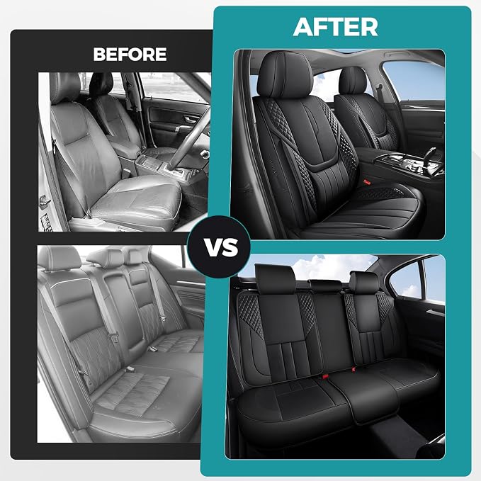 Car Seat Covers Full Set - Universal Seat Covers for Cars SUV Truck – Faux Leather Automotive Seat Covers, Breathable & Waterproof Front and Rear Seat Protectors, Fit for Most Cars-Black