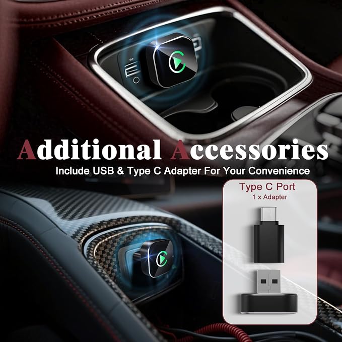 Wireless CarPlay Adapter, 2026 Upgraded Wired to Wireless for Apple CarPlay & Android Auto, Mini USB Design Car Play Adapter with Type-C Extension, Plug and Play, Stable Connection & No Latency