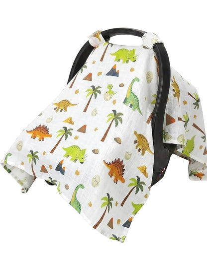 Rquite Baby Boy Car Seat Cover, 100% Muslin Cotton Infant Carseat Canopy, Soft Breathable Stroller Sun Shade & Newborn Shower Gift, Large Size Universal Fit Summer, Hot & Warm Weather (Green Dinosaur)