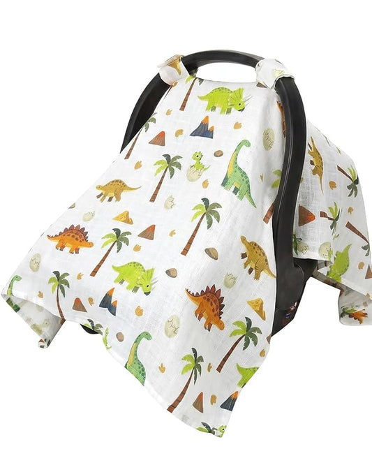 Rquite Baby Boy Car Seat Cover, 100% Muslin Cotton Infant Carseat Canopy, Soft Breathable Stroller Sun Shade & Newborn Shower Gift, Large Size Universal Fit Summer, Hot & Warm Weather (Green Dinosaur)