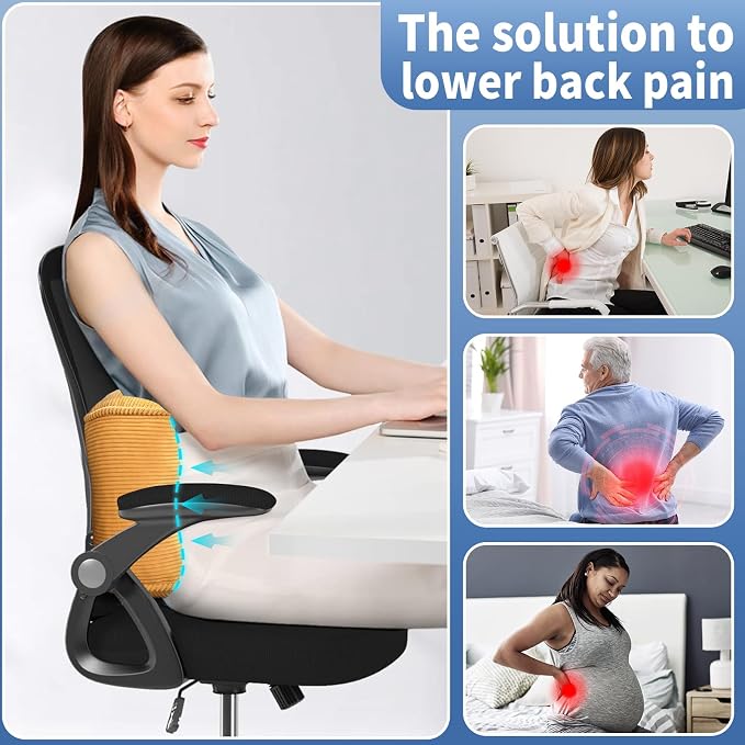 Lumbar Support Pillow for Study Desk Chair, Bite-Size Natural Latex Foam Back Support Pillow for Lower Back Pain Relief, Soft & Support Corduroy Office Chair Cushion, S, Yellow
