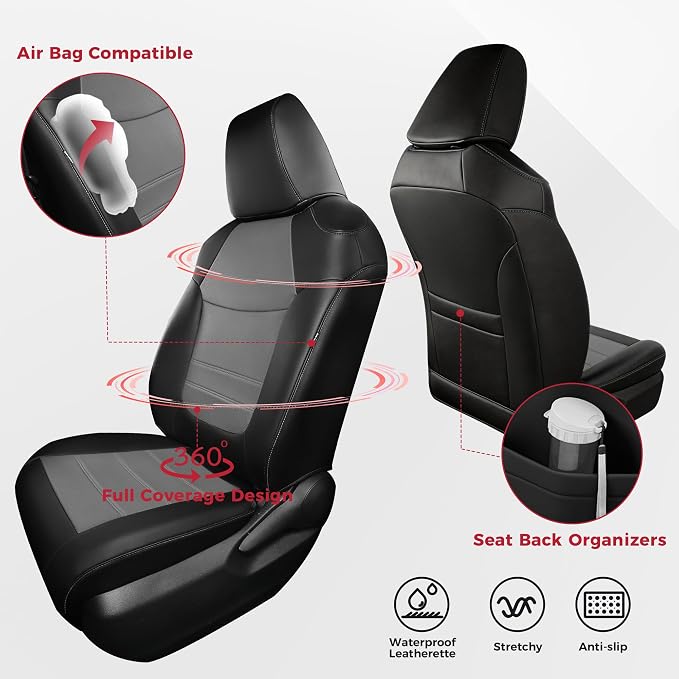 FREESOO RAV4 Seat Covers Full Set Custom Fit for Toyota Rav4(Only Hybrid) 2019 2020 2021 2022 2023 2024 2025 LE/XLE/XLE Premium/Limited, Faux Leather Car Seat Cover, Airbag Compatible, Black Gray