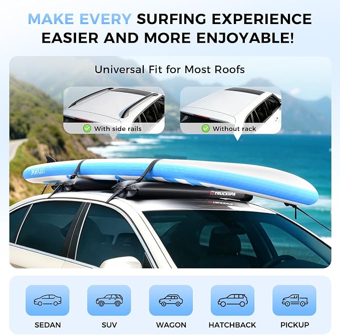 Truckiipa Soft Roof Rack Pads, 2Pcs Universal Inflatable Airbag Roof Racks for Surfboard, Kayak, SUP, Reusable Heavy Duty Car Racks System with Straps, Air Pump, Hood Loops and Storage Bag, 44inch
