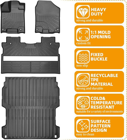 Floor Mats for Honda Ridgeline 2017 2018-2026, TPE Ridgeline Sport,RTL,Trail Sport,Black Edition, RTL-E Floor Mats, Non-Slip Waterproof Summer Winter 1st & 2nd Row & Bed Liners