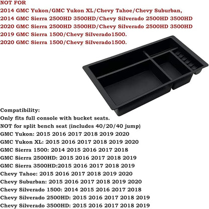 Center Console Organizer Compatible with 2015-2020 Chevy Yukon Tahoe Suburban and 2014-2018 GMC Sierra Silverado Tray Accessories Armrest Storage-Full Console w/Bucket Seats ONLY