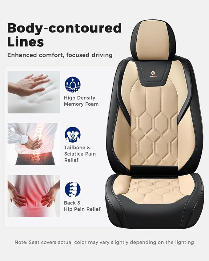 Huidasource Seat Covers Full Set, Universal Fit for Most Cars SUV Trucks, Full Coverage Leather Seat Cover, Airbag, Cupholder Compatible, Seat Function Retain, Easy Install with Velcro, Black & Beige