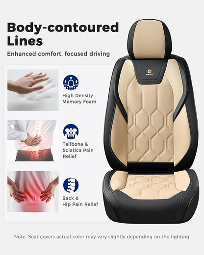Huidasource Seat Covers Full Set, Universal Fit for Most Cars SUV Trucks, Full Coverage Leather Seat Cover, Airbag, Cupholder Compatible, Seat Function Retain, Easy Install with Velcro, Black & Beige