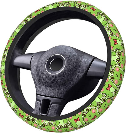 Cute Green Frog Steering Wheel Cover for Women,Universal Auto Steering Wheel 14-15 Inch Car Interior Accessories with 2PCS Car Coasters,Suitable for Men and Women