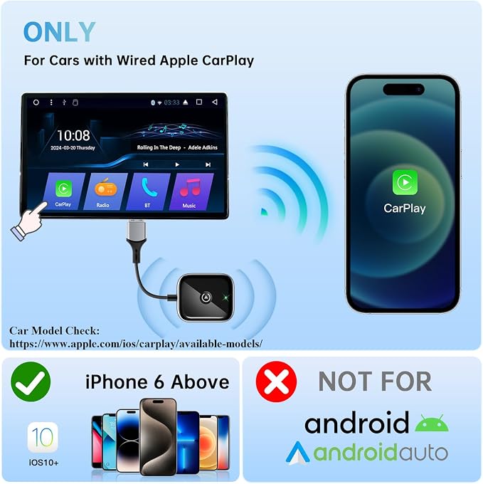 Wireless CarPlay Adapter for Apple CarPlay, Easy to Upgrade Wired CarPlay to Wireless, Instant Connectivity, Super Mini Car Play Dongle for iPhone Fit for Cars with Built-in CarPlay (Black)
