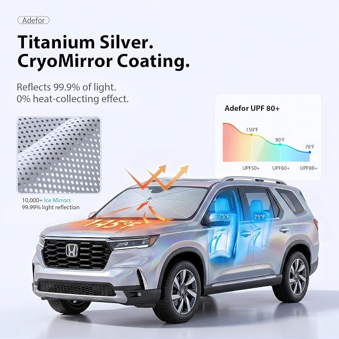 2026 Upgraded Windshield Sun Shade Umbrella for Honda Pilot [Precision Custom Fit, Superior UV & Heat Block] Cooling Tech Fabric, Durable Foldable with Storage Bag, Fits 2003-2026