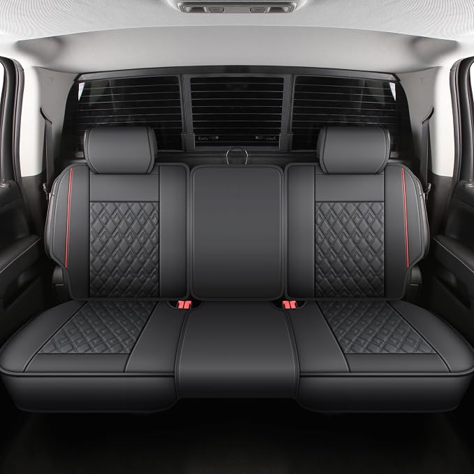 JOJOBAY Chevy Silverado Seat Covers,Leather Seat Covers for GMC Sierra,Custom Fit 2007-2026 1500 2500HD 3500HD Crew Double Extended Regular Cab,LT LZT RST Trail Boss(Full Set,Black Red)