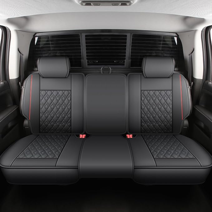 JOJOBAY Chevy Silverado Seat Covers,Leather Seat Covers for GMC Sierra,Custom Fit 2007-2026 1500 2500HD 3500HD Crew Double Extended Regular Cab,LT LZT RST(Rear Seat Covers,Black Red)