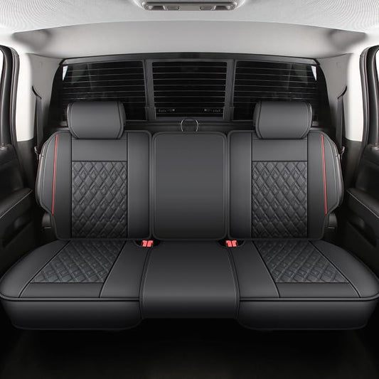 JOJOBAY Chevy Silverado Seat Covers,Leather Seat Covers for GMC Sierra,Custom Fit 2007-2026 1500 2500HD 3500HD Crew Double Extended Regular Cab,LT LZT RST(Rear Seat Covers,Black Red)