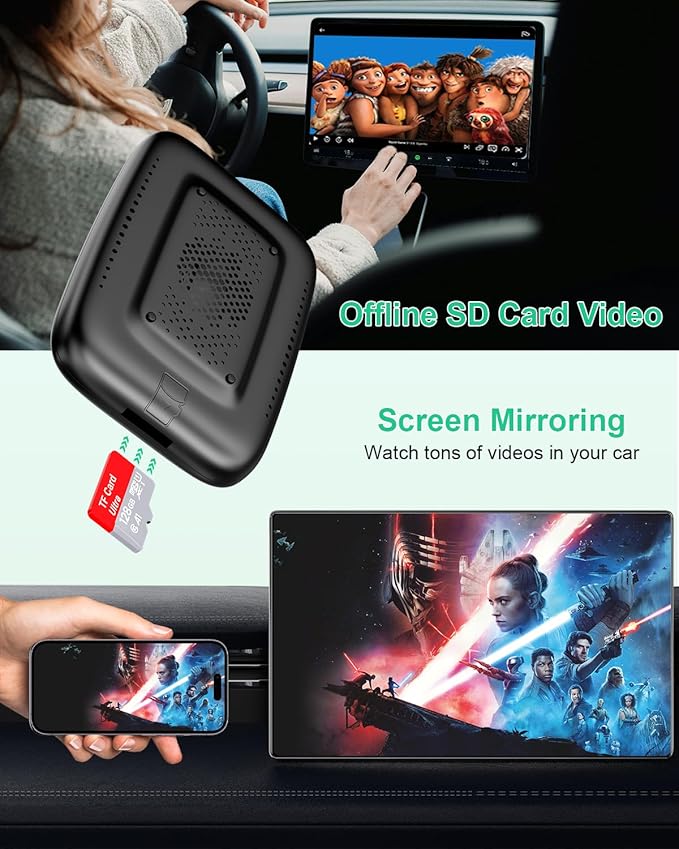 6-in-1 Wireless Carplay Adapter with Netflix YouTube TF Card, Android Auto Wireless Adapter and CarPlay, Plug & Play, Easy Setup, Magic Video Ai Box for OEM Wired Apple Car Play Cars & iPhone