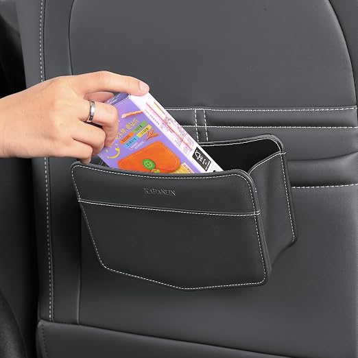 Car Trash Can Small Leather Vehicle Trash Bin Car Dustbin Garbage Organizer Holder with Trash Bag Foldable Mini Cars Storage Bag Container for Auto SUV Van Trucks (Black,Clip on)