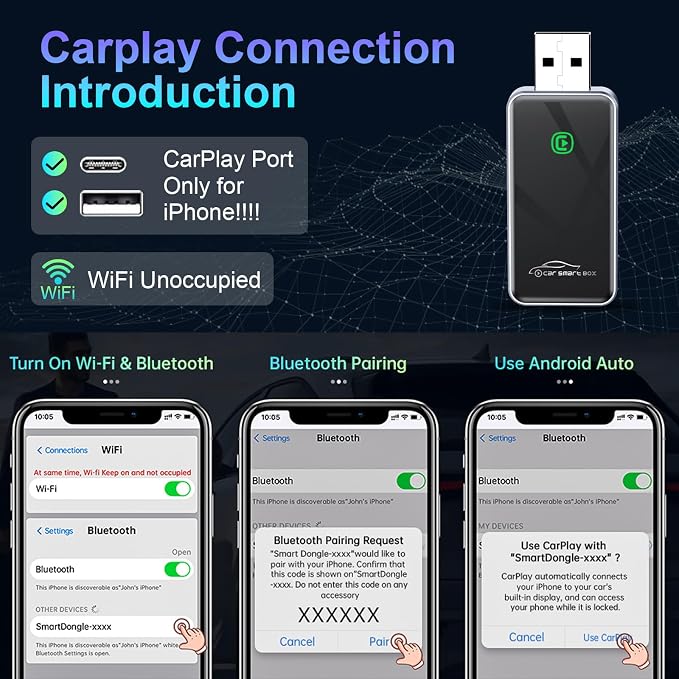 Wireless CarPlay Adapter for iPhone, HD Navigation Vehicle-Level Chip Stable Connect, Bluetooth CarPlay Plug & Play Convert Wired to Wireless CarPlay Adapter iOS 10+ & Cars from 2015+