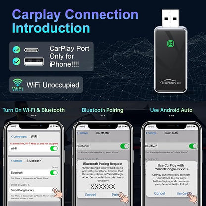 Wireless CarPlay Adapter for iPhone, HD Navigation Vehicle-Level Chip Stable Connect, Bluetooth CarPlay Plug & Play Convert Wired to Wireless CarPlay Adapter iOS 10+ & Cars from 2015+