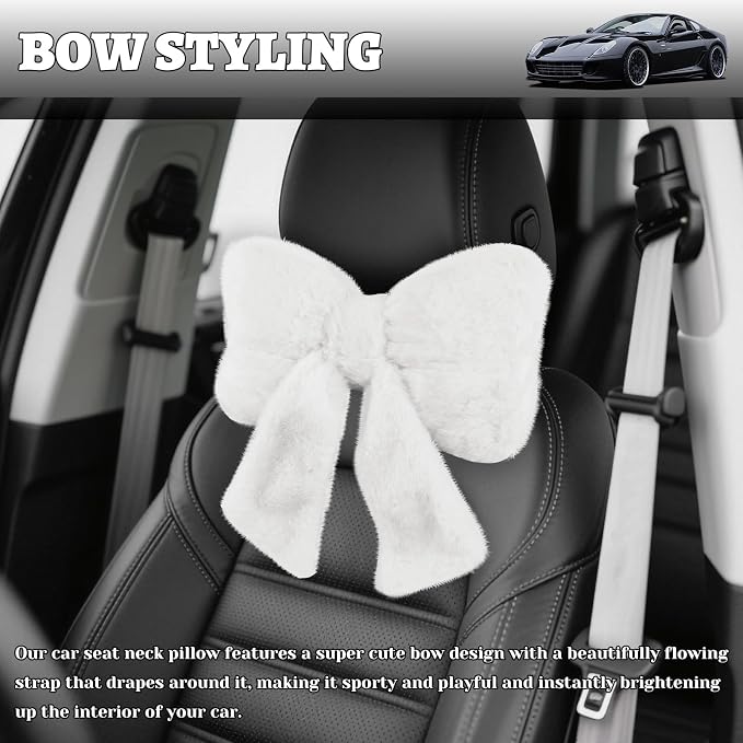 Furry Bow Car Headrest Pillow,Soft & Comfortable Car Neck Pillow for Cars Decorations & Fatigue Relief,Universal Head Rest Pillows for Cars Interior Accessories for Trucks,SUVs (White)