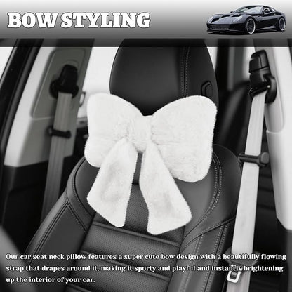 Furry Bow Car Headrest Pillow,Soft & Comfortable Car Neck Pillow for Cars Decorations & Fatigue Relief,Universal Head Rest Pillows for Cars Interior Accessories for Trucks,SUVs (White)