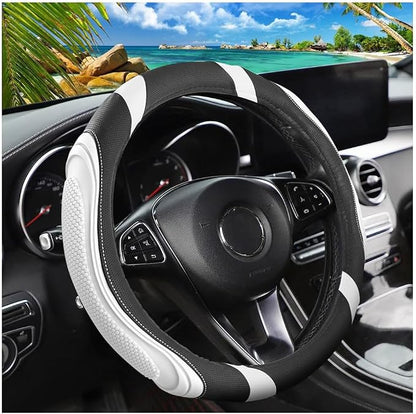 Osilly 15 Inch Car Leather Steering Wheel Cover, Automotive Accessories Elastic Breathable Anti-Slip Soft Wheel Protector Fits Men and Women, Suitable for SUVs, Trucks, Vehicles and RVs (White)