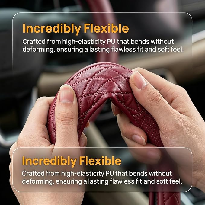 Zpana Car Steering Wheel Cover, 14.5-15" Breathable Soft Leather Vehicle Steering Wheel Protector with Anti-Slip Lining, Comfortable Auto Interior Decoration Accessories, Universal Fit (Red)